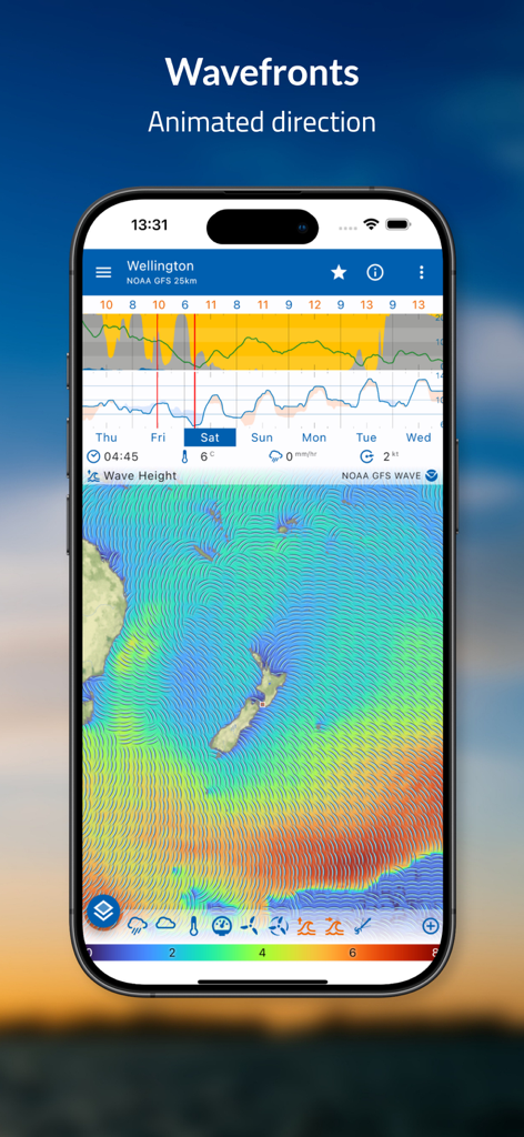 Flowx - Weather - Flowx app interface displaying animated wavefront direction map and weather forecast graphs