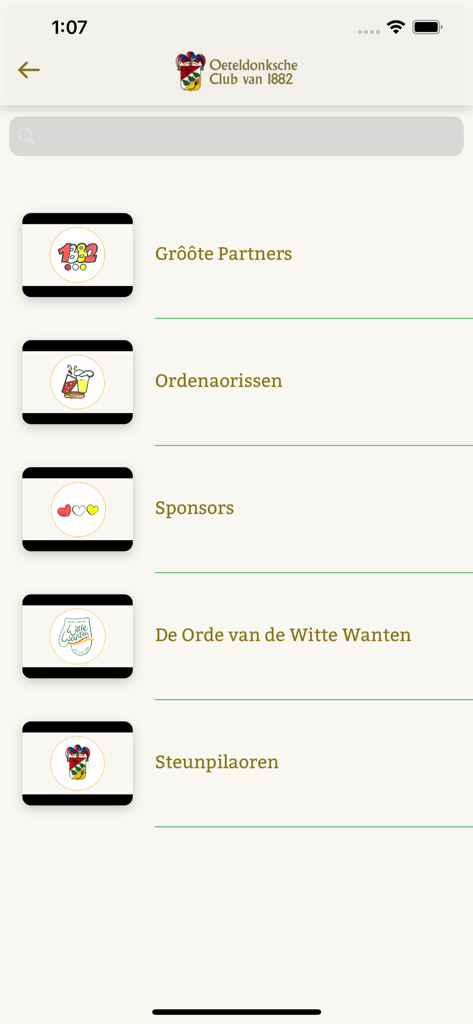 Oeteldonk - Menu of the Oeteldonk app showing various partner and sponsor categories