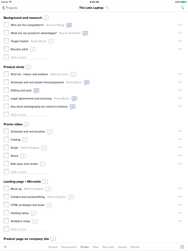 Basecamp 2 for iPad - A screenshot of the Basecamp 2 iPad app displaying a project to-do list with categories like Background and Research and Product Shots.