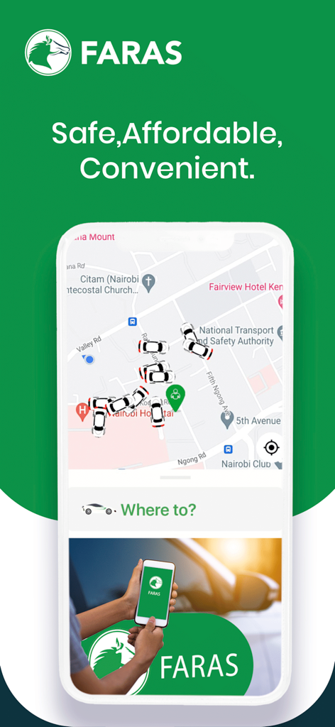 Faras - Faras App-Oberfläche mit einer Echtzeitkarte mit verfügbaren Autos für die Fahrtvermittlung und dem Slogan Sicher Günstig Bequem