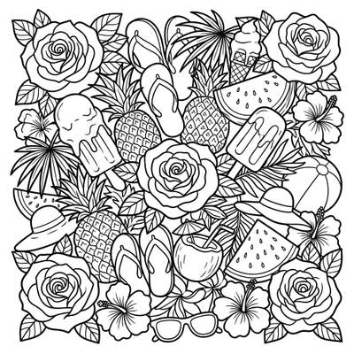 Embrace the sunny vibes with this intricate coloring page, beautifully blending the cheer of yellow roses with classic summer vacation delights. Perfect for adding a splash of color to pineapples, watermelons, and refreshing treats.