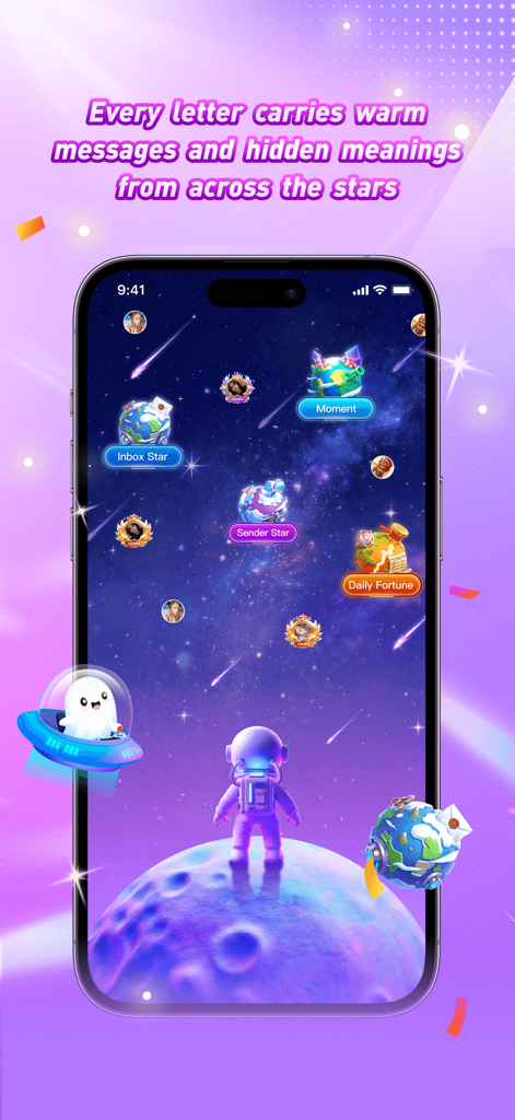 Aoda - Aoda App Weltraum-Themenoberfläche mit Astronaut und sozialen Funktionen