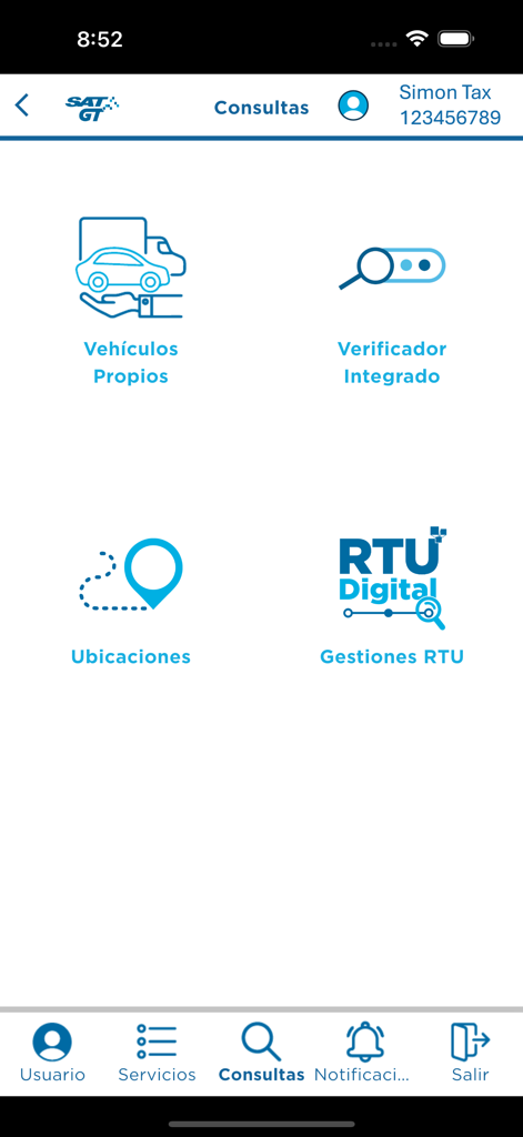 SAT GT - SAT GT app Consultas menu showing options for vehicle queries and RTU management.