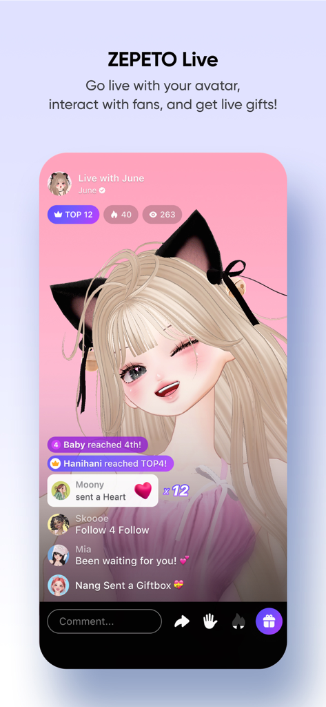 Interface ZEPETO Live montrant un avatar 3D animant un stream avec le chat des spectateurs et des cadeaux