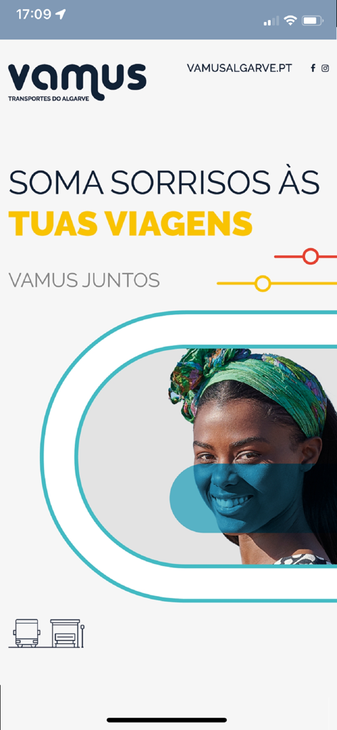 Welcome screen of the Vamus Algarve app featuring a smiling traveler and bus transportation branding