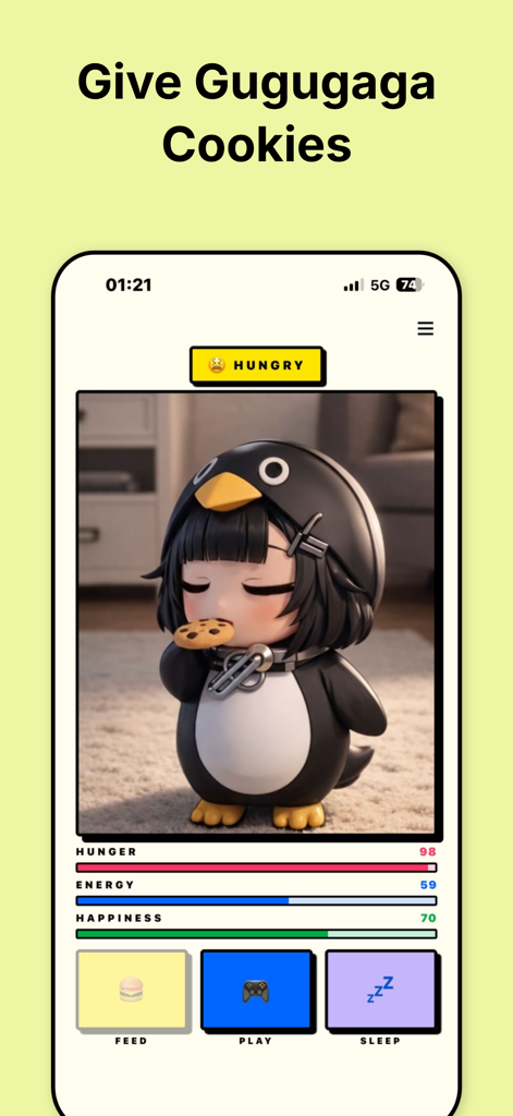 A virtual pet character in a penguin suit eating a cookie