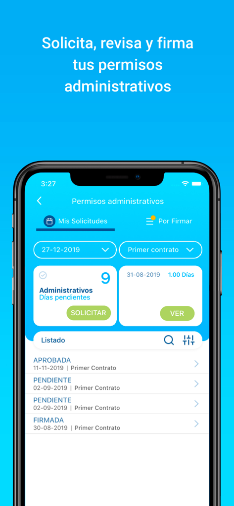 Rex+ - Interfaz de la aplicación móvil Rex plus que muestra el estado de las solicitudes de permiso administrativo y opciones para solicitar o firmar documentos.