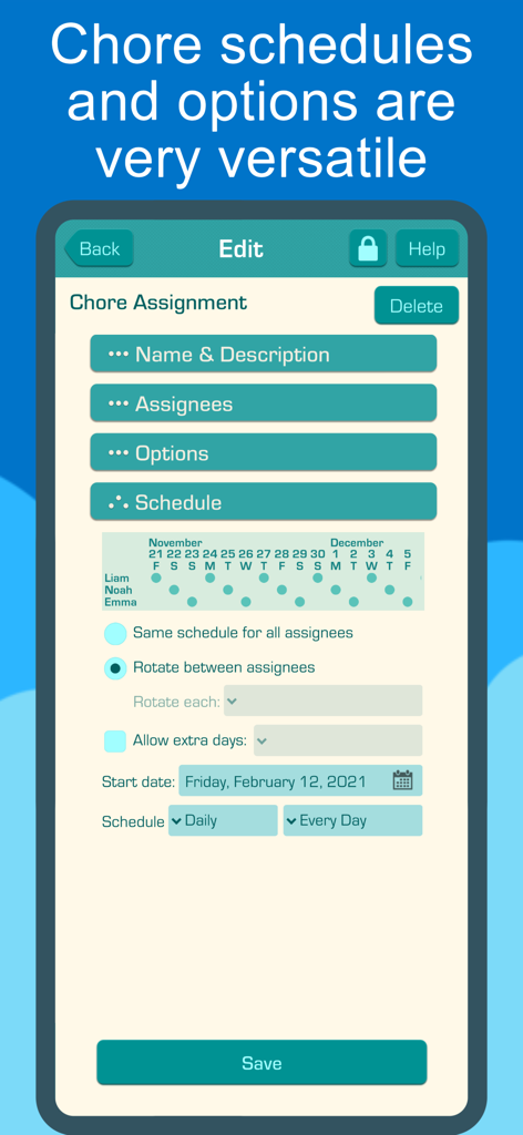 Chores & Allowance Bot - Chores and Allowance Bot app screen showing options for rotating chore schedules and assignments between multiple children.