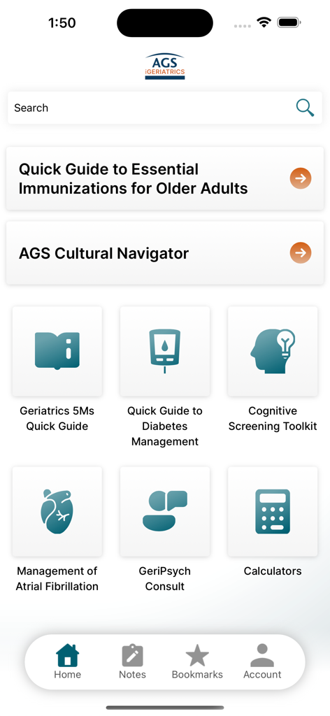 iGeriatrics - Main menu of the iGeriatrics app showing clinical tools for geriatric care including immunization guides and cognitive screening toolkits