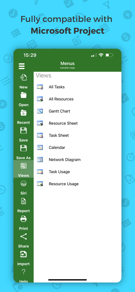 Project Plan 365 - Project Plan 365 mobile interface showing a menu of project management views including Gantt Chart and Network Diagram