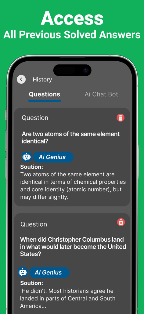 PhotoSolve: Answer Pic Solver - PhotoSolve app history screen showing a list of previously solved homework questions and detailed AI generated answers