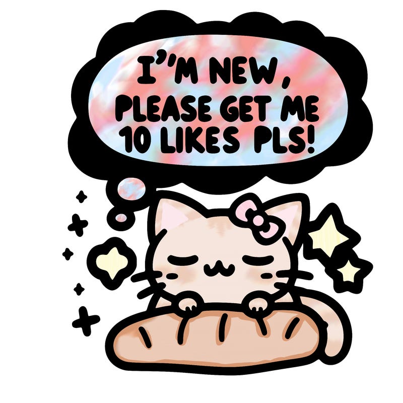 kitty taking a nap dream talking and saying "i'm new, please get me at least 10 likes pls!!"