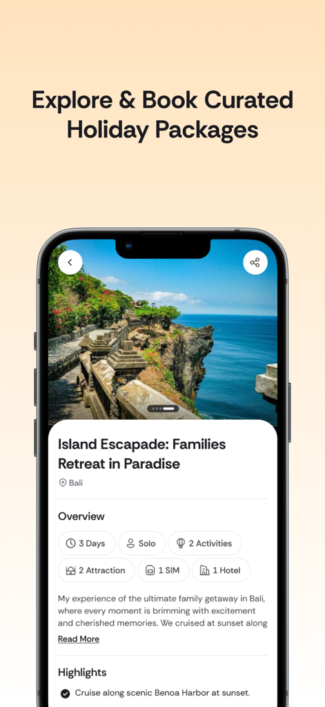 Alike Travel - Alike Travel app screen showcasing a curated holiday package for a Bali island escapade including activities, SIM card, and hotel booking.