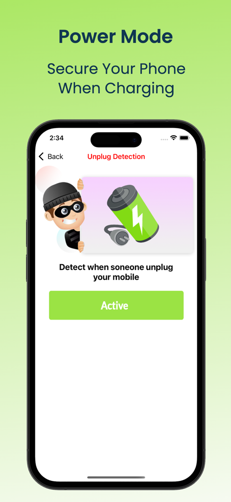 Anti Theft Alarm -Security App - SecureGuard app screen showing the unplug detection feature to protect a phone while charging