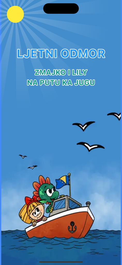 Cartoon characters on a boat with a Bosnian flag in the ABC Djeca app