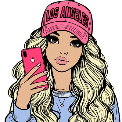 realistic beautiful girl wearing los ángeles cap holding an iphone