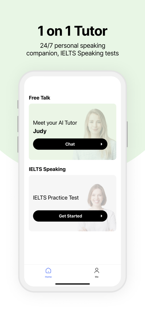 A smartphone screen displaying the TalkLingo app with options for an AI tutor chat and IELTS speaking practice.