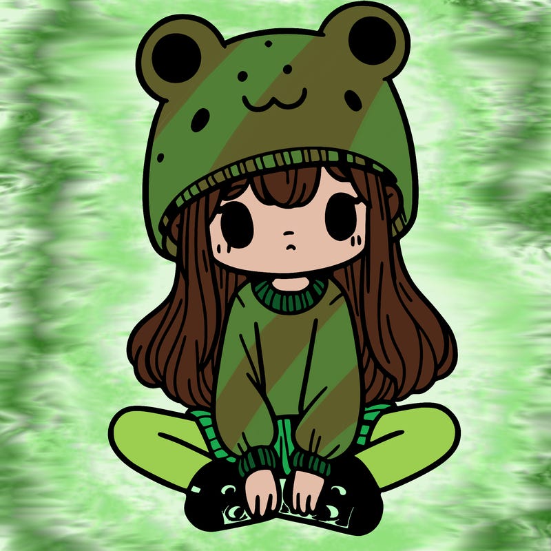 a girl wearing a frog hat and some frog socks