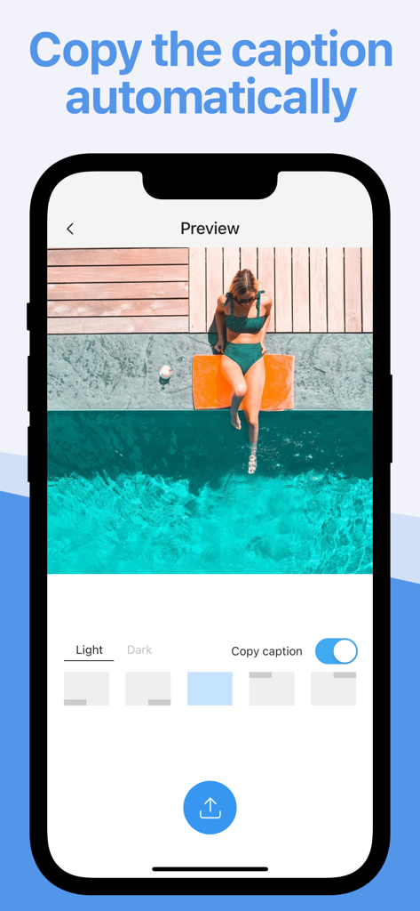 Reshare app interface showing the automatic caption copy feature for Instagram posts