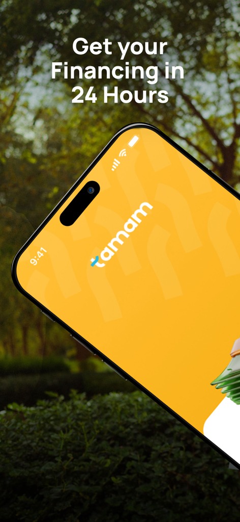 Pantalla de la aplicación Tamam promocionando financiación en 24 horas.
