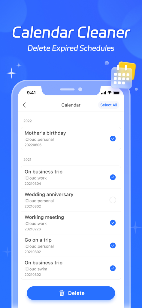 Clean Easily-Storage Cleaner - Mobile app interface for deleting expired calendar events and schedules