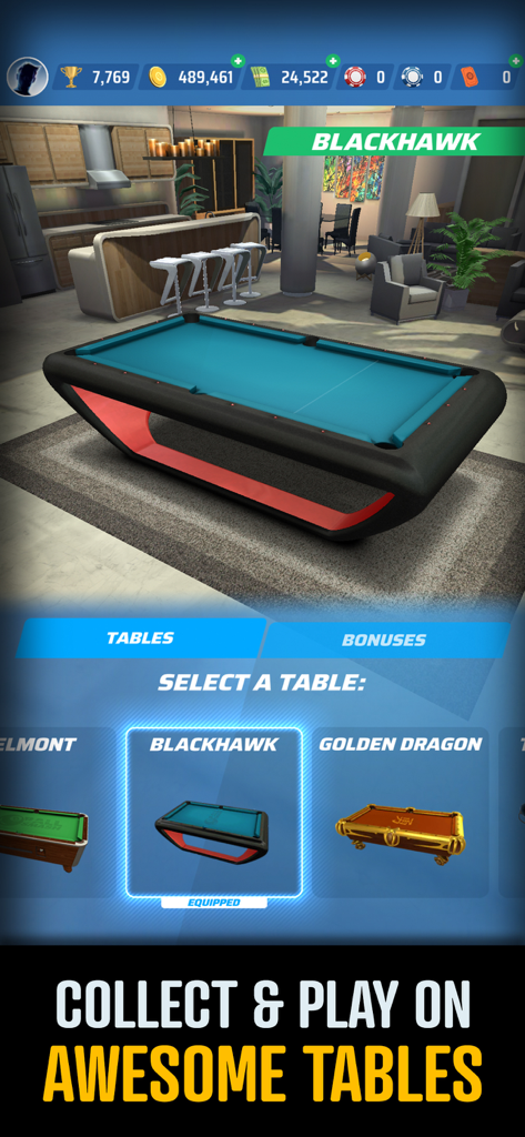 Ultimate 8 Ball Pool game screen showing a variety of collectible 3D pool tables