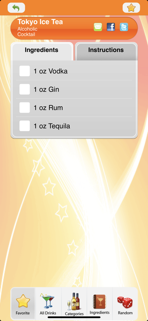 Ingredients list for a Tokyo Ice Tea cocktail recipe in a mobile app