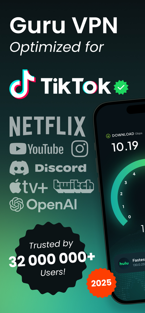 Guru VPN app screenshot highlighting optimization for TikTok Netflix and YouTube with a 10 Gbps speed test