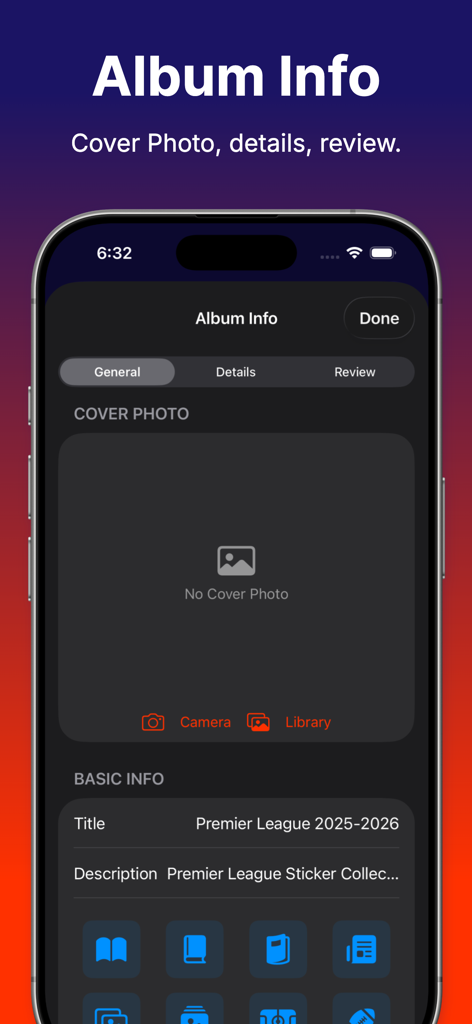 Sticker Collector 26 - La pantalla de información del álbum de la aplicación Sticker Collector 26 que muestra opciones para editar el título, la descripción y la foto de portada de una colección.