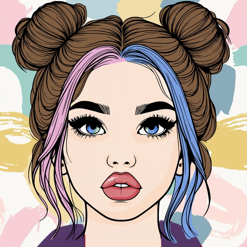 realistic girl with two buns on her hair and lips