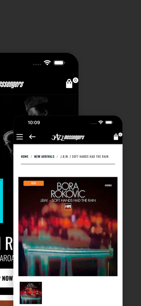 Página de producto para un álbum de jazz de nueva llegada en la interfaz de la aplicación Jazz Messengers