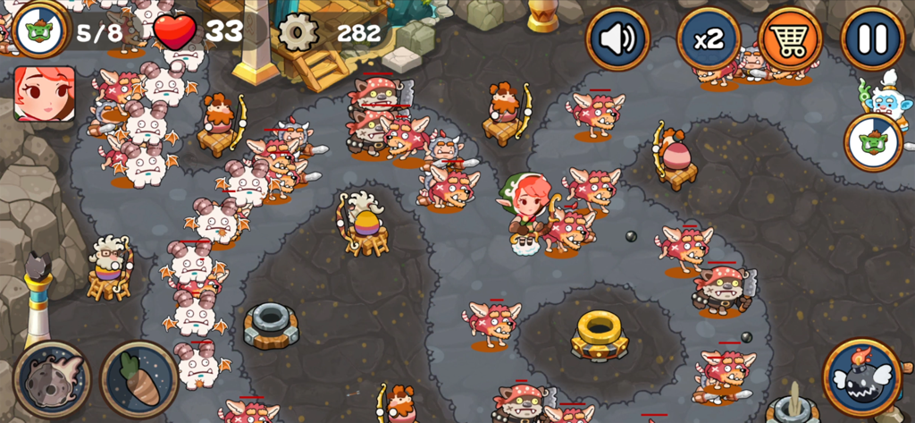 Colorful tower defense gameplay showing archers and cannons defending a path against fantasy monsters in a rocky terrain.