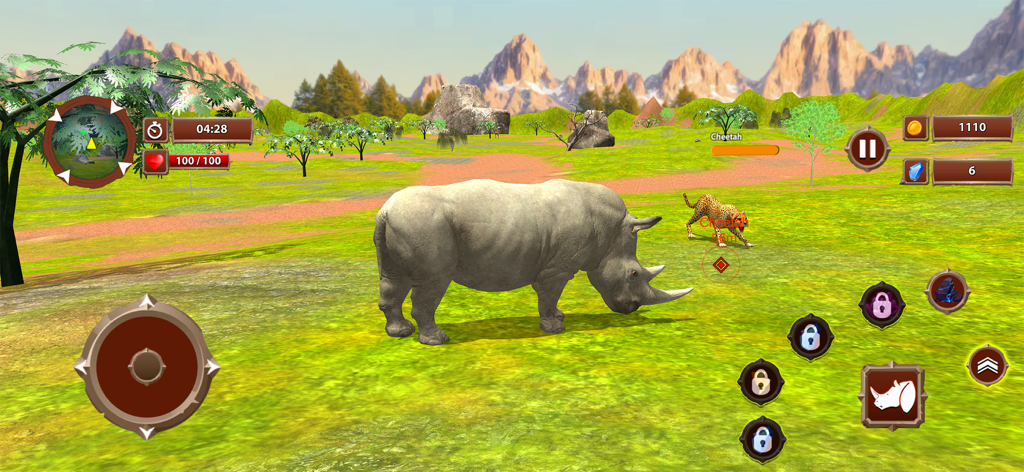 Virtual Wild Rhino Family Sim - A rhinoceros roaming a grassy savanna in a 3D wild animal simulation game.
