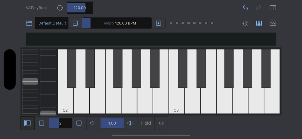 VAPolyBass - VAPolyBass synthesizer app displaying a virtual piano keyboard and tempo settings