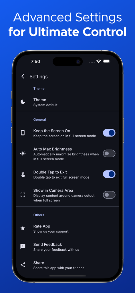 Menú de configuración de la aplicación LED Scroller que muestra opciones de control avanzadas para el brillo de la pantalla y los modos de visualización