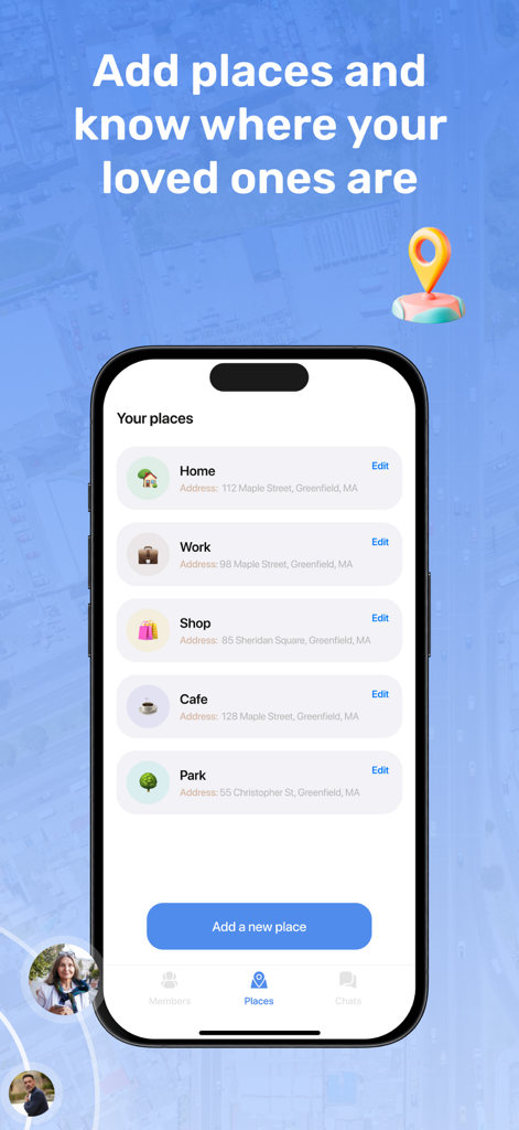 Find Me: Share Family Location - Find Me app interface showing a list of saved family locations like Home, Work, and Shop