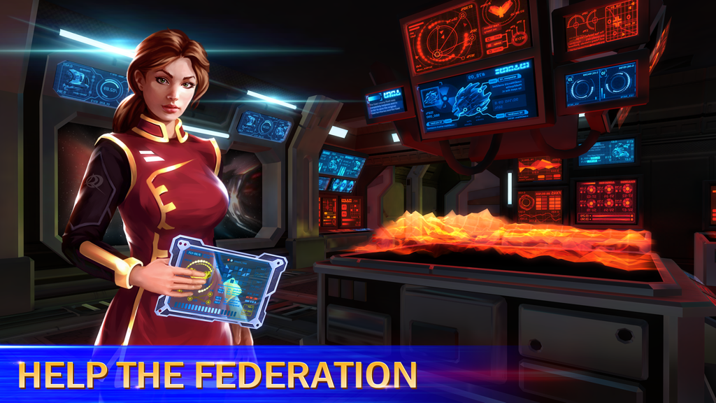 Space Rangers: Legacy - スペースレンジャー レガシーの宇宙船司令室にいる女性将校と、「連邦を助けよ」というテキストが表示されている。