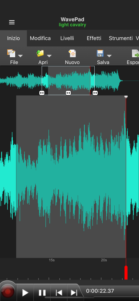 Screenshot des WavePad Professionale 2022 Audio-Editors, der eine Wellenform und Bearbeitungswerkzeuge auf Italienisch anzeigt