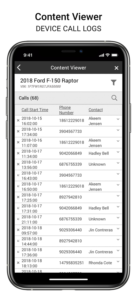 iVe-Mobile - Screenshot of the iVe-Mobile app Content Viewer displaying call logs from a 2018 Ford F-150 Raptor