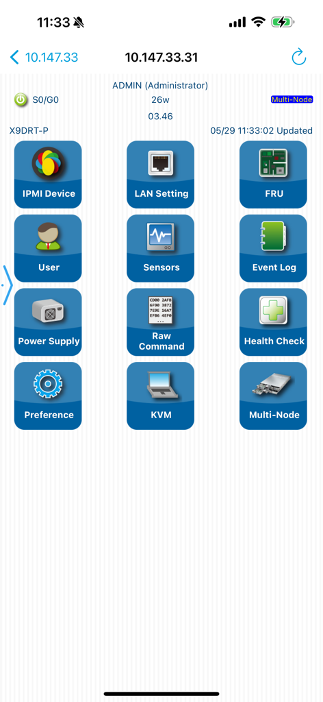 Supermicro IPMIView mobile app dashboard displaying remote server management icons like KVM sensors and health check
