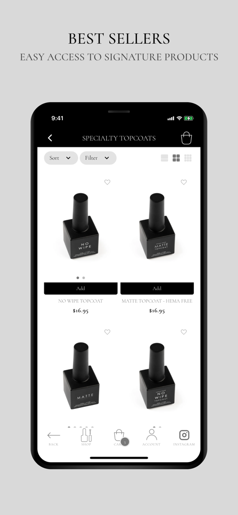 Ugly Duckling Nails Inc. - Mobile app screen for Ugly Duckling Nails showing specialty topcoats and best selling products