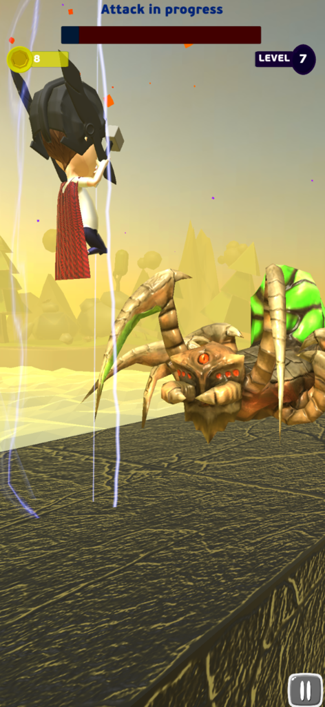 Young Thor - Young Thor character flying and preparing to attack a large spider monster in a mobile game level