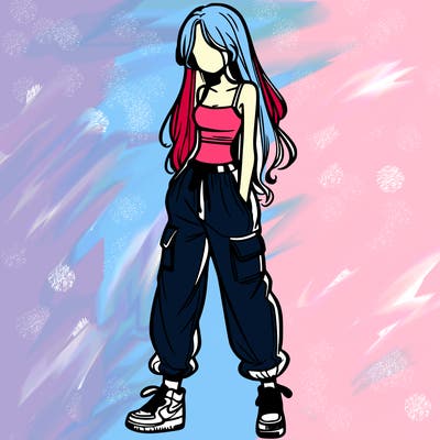 girl in baggy pants crop top and long hair