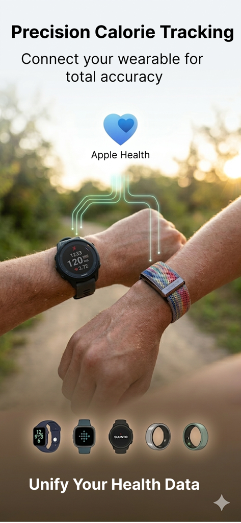 NutriShot AI - Calorie Counter - Tela do aplicativo NutriShot AI mostrando rastreamento preciso de calorias conectando wearables como Apple Health e relógios fitness para unificar dados de saúde