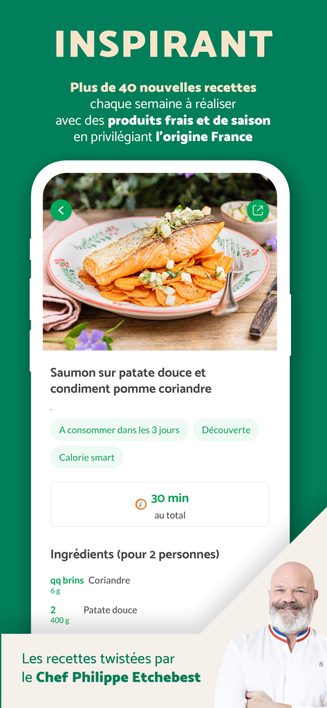 Quitoque : box repas maison - Screenshot of the Quitoque app showing a gourmet salmon and sweet potato recipe with Chef Philippe Etchebest