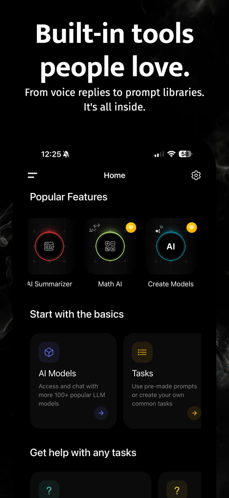Nexal AI - AI Chat & Image - Nexal AI app home screen displaying built-in productivity tools like AI Summarizer Math AI and LLM model selection