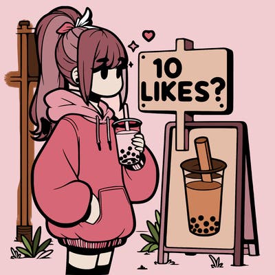 girl with oversized hoodie drinking boba and she has a high ponytail with a sign that says 10likes?