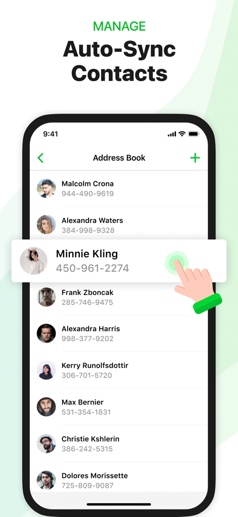 Call Second Phone Number, Text - Pantalla de la aplicación móvil que muestra la agenda y la función de sincronización automática de contactos para un segundo número de teléfono