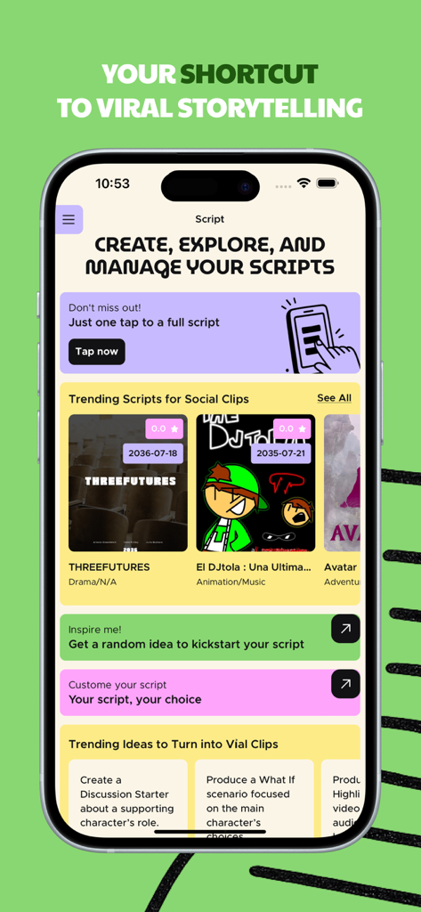 Potato: Movies Social Viral - Interfaz de la aplicación móvil Cine Script mostrando guiones de películas de tendencia y herramientas de narración viral para creadores de redes sociales