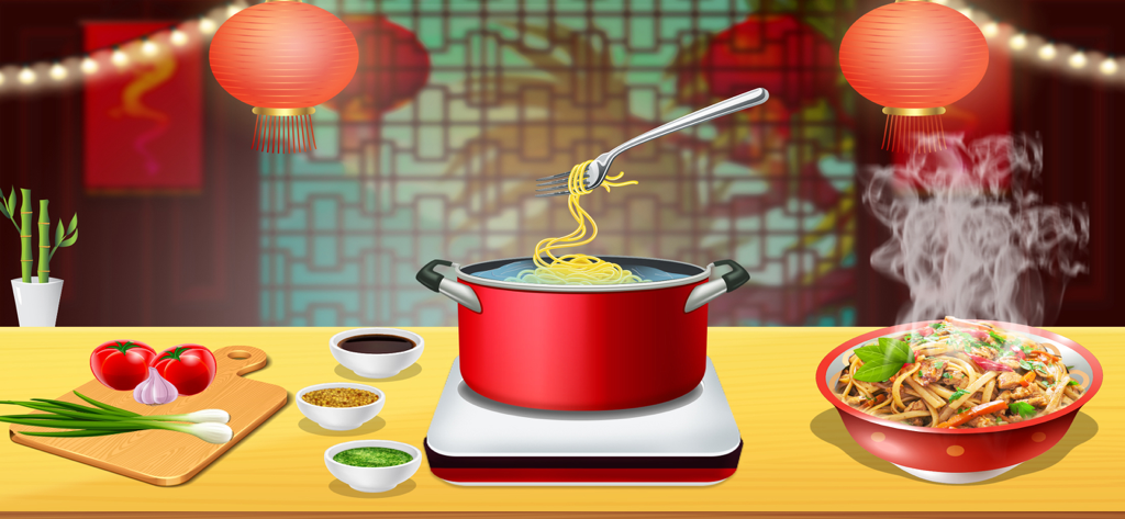 Chinese Food Maker Chef Games - Virtual kitchen scene showing a red pot of boiling noodles and a steaming bowl of prepared chow mein
